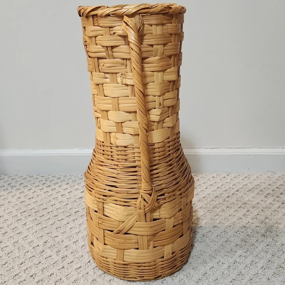 Tall Vintage Woven Wicker Basket Pitcher Vase With Handle - Natural Brown